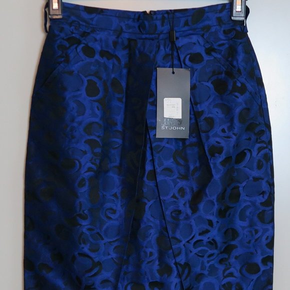 NWT St. John Cobalt/Caviar Evening Satin-Sheen Skirt Size 2 MSRP $695